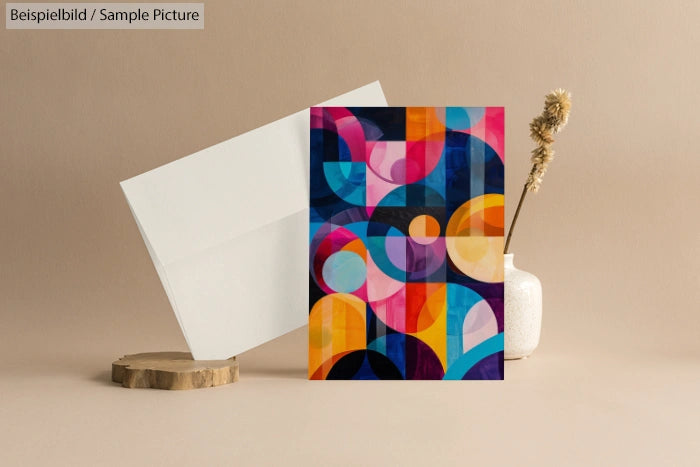 Colorful geometric abstract card on a beige background with a vase and dry plant.