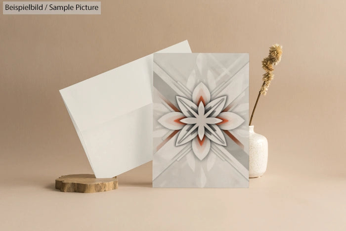 Elegant greeting card with abstract floral design, placed next to a vase and wooden stump on a neutral background.