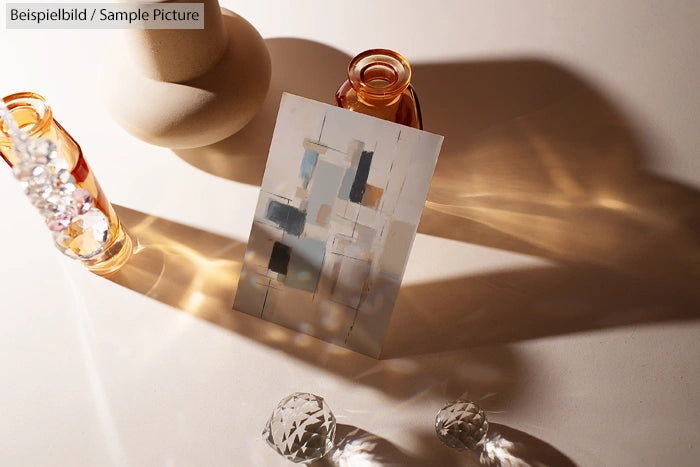 Abstract art print on a table surrounded by decorative glass bottles and crystal items casting shadows.