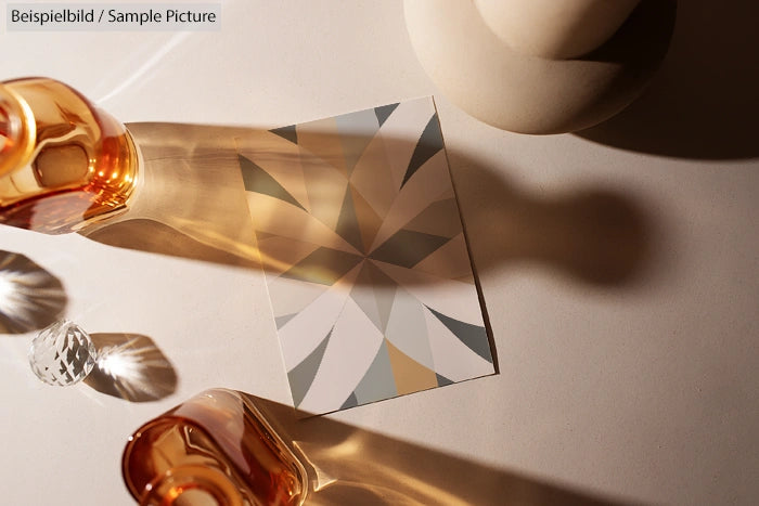 Geometric art card on table with warm-toned glassware casting reflections.