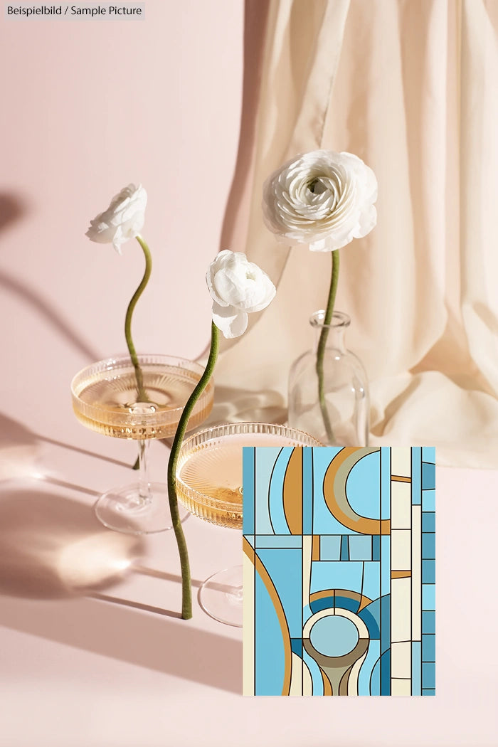 Elegant floral arrangement with two champagne glasses, white flowers, and abstract blue geometric art in background.