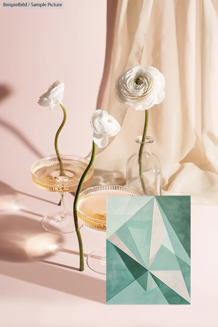 Elegant scene with white flowers in vases and champagne glasses, featuring geometric green and white artwork overlay.