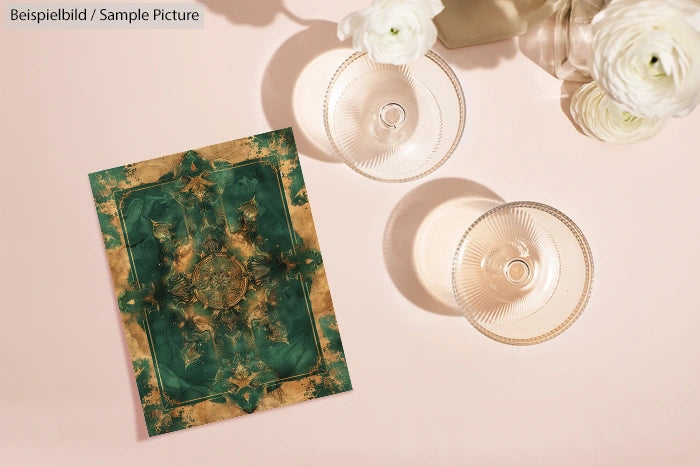 Green and gold ornate book cover beside two crystal goblets and white flowers on a light surface.