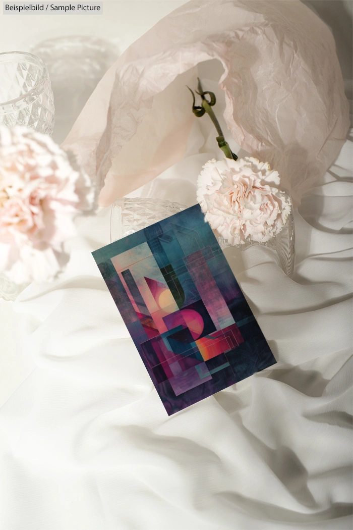 Colorful abstract art with geometric shapes on a fabric background, surrounded by light pink roses and textured glass.