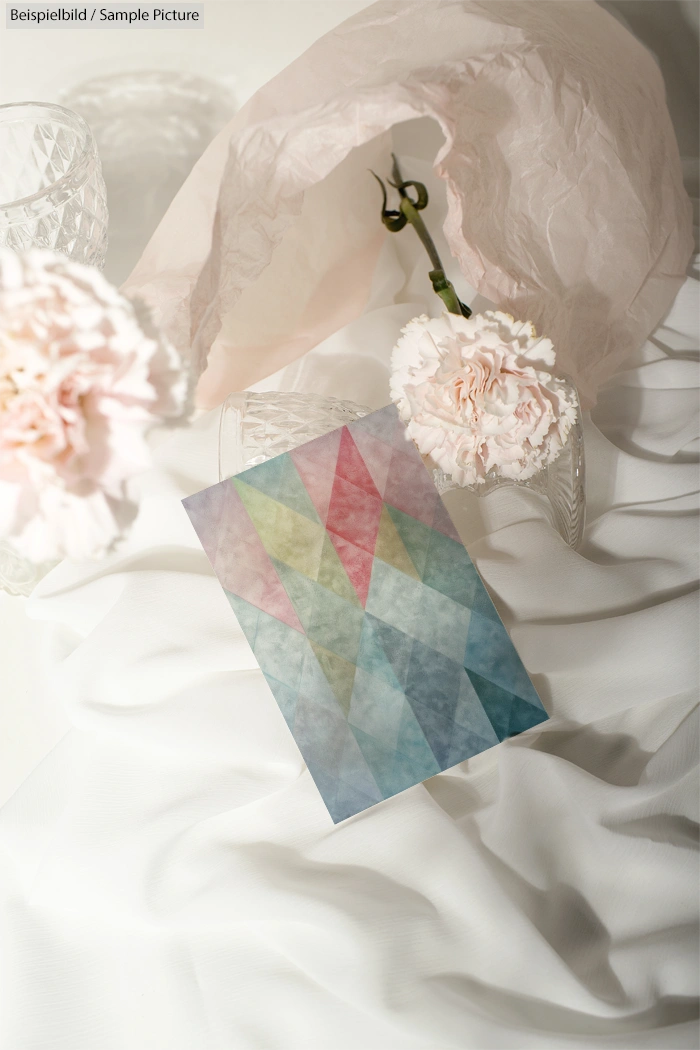 Geometric patterned card with pastel colors on a textured white fabric background, adorned with pink flowers.