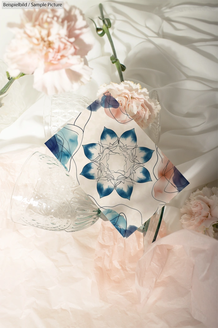 Decorative card with blue floral design, surrounded by pink carnations and glass accents.