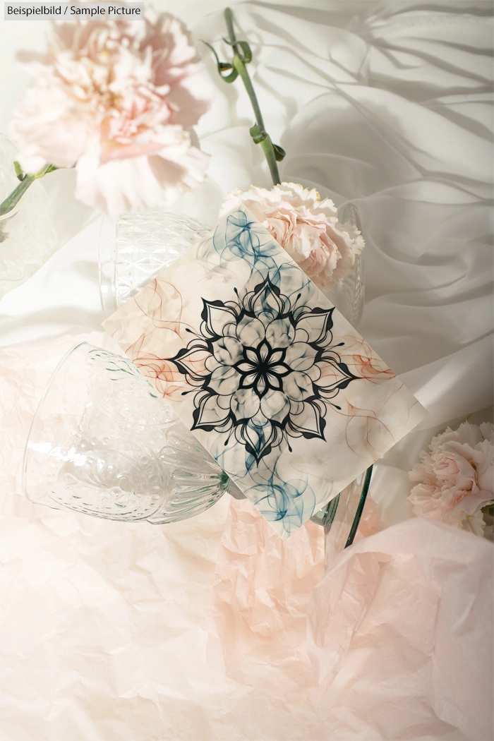 Mandala art on paper with pink carnations and glassware on a soft fabric background.