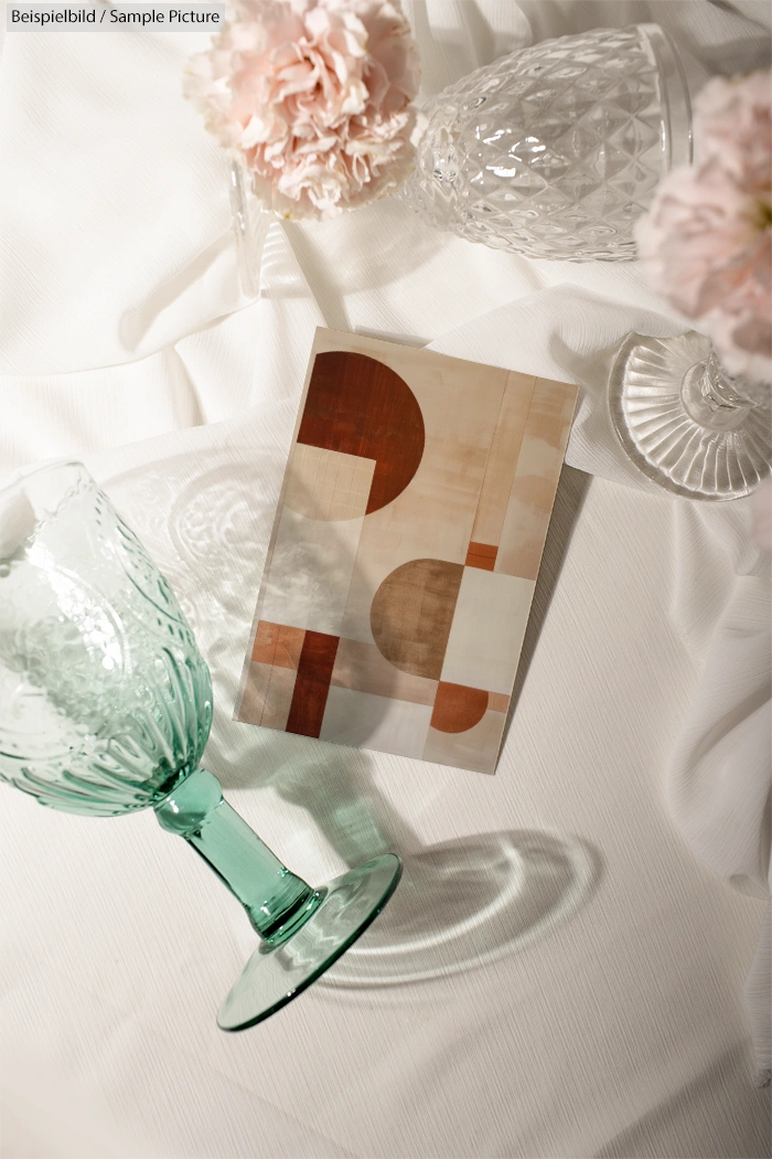 Abstract geometric art with green and clear goblets on a white cloth backdrop, adorned with pink flowers.