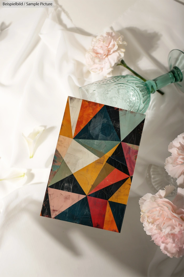 Geometric abstract painting with triangles on a white fabric background, surrounded by pink carnations and a glass bottle.