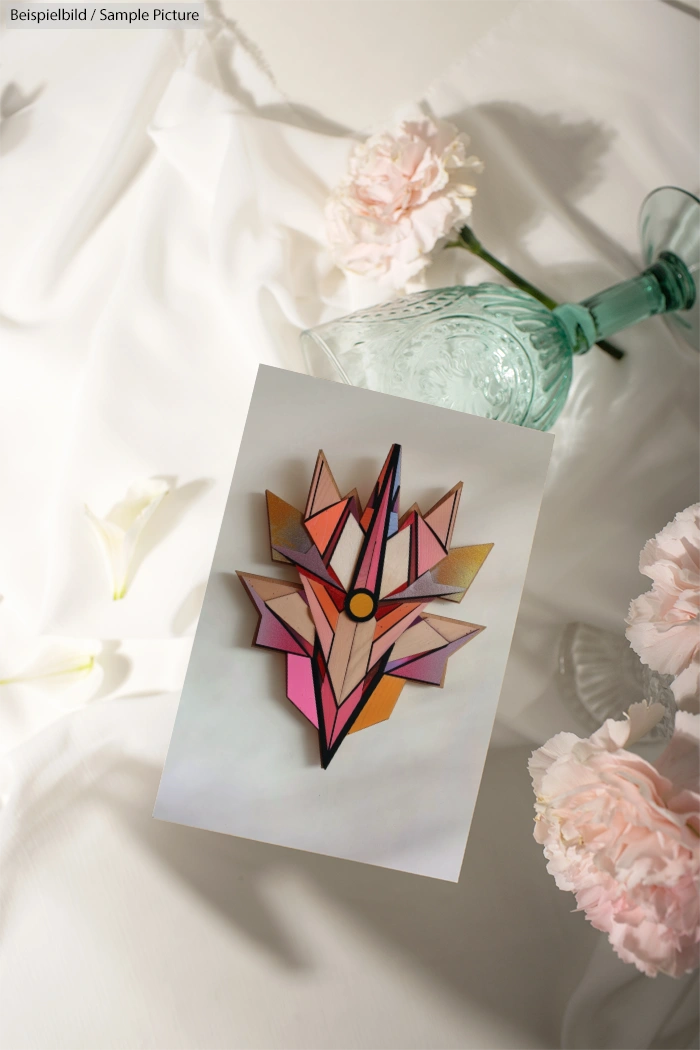 Geometric pink and orange envelope on table with flowers and glass bottle, set in bright lighting.