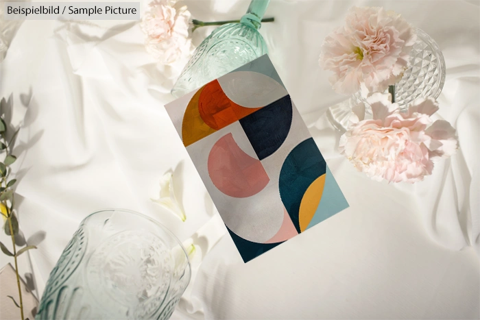 Abstract geometric painting surrounded by delicate pink flowers and glassware on a white fabric backdrop.