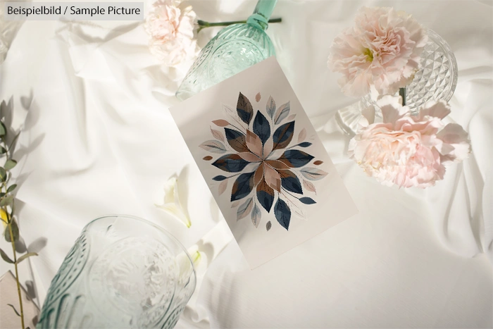 Floral artwork on paper surrounded by glass cups and pink carnations on a white background.