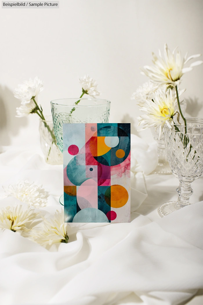 Abstract geometric artwork with colorful circles and shapes, surrounded by white flowers and crystal glassware.