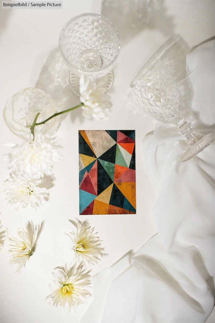 Geometric abstract painting surrounded by crystal glasses, white roses, and fabric on a white background.