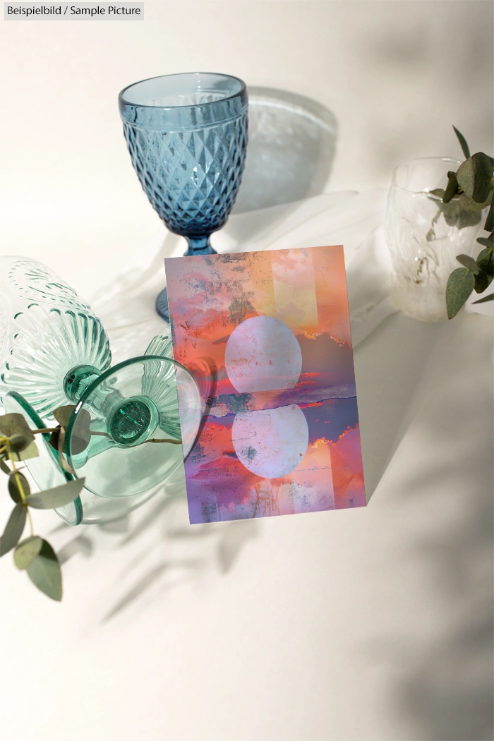 Colorful abstract art card displayed among glassware and leaves in soft lighting on a white surface.