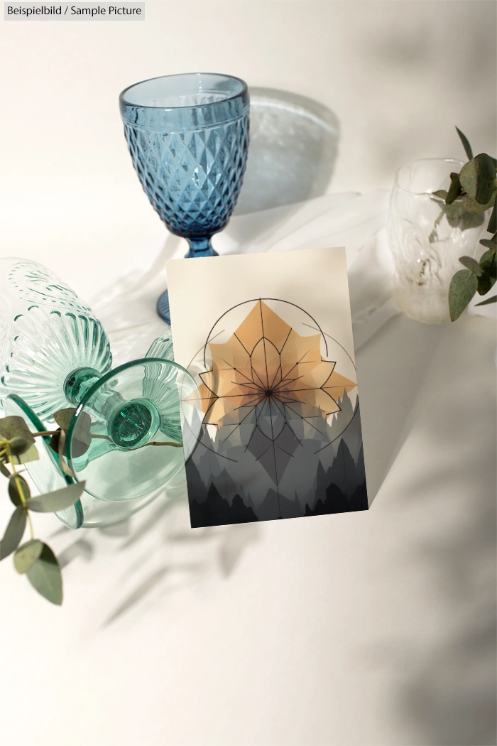 Artistic card with geometric flower design, surrounded by blue and clear glassware on a white surface with foliage.