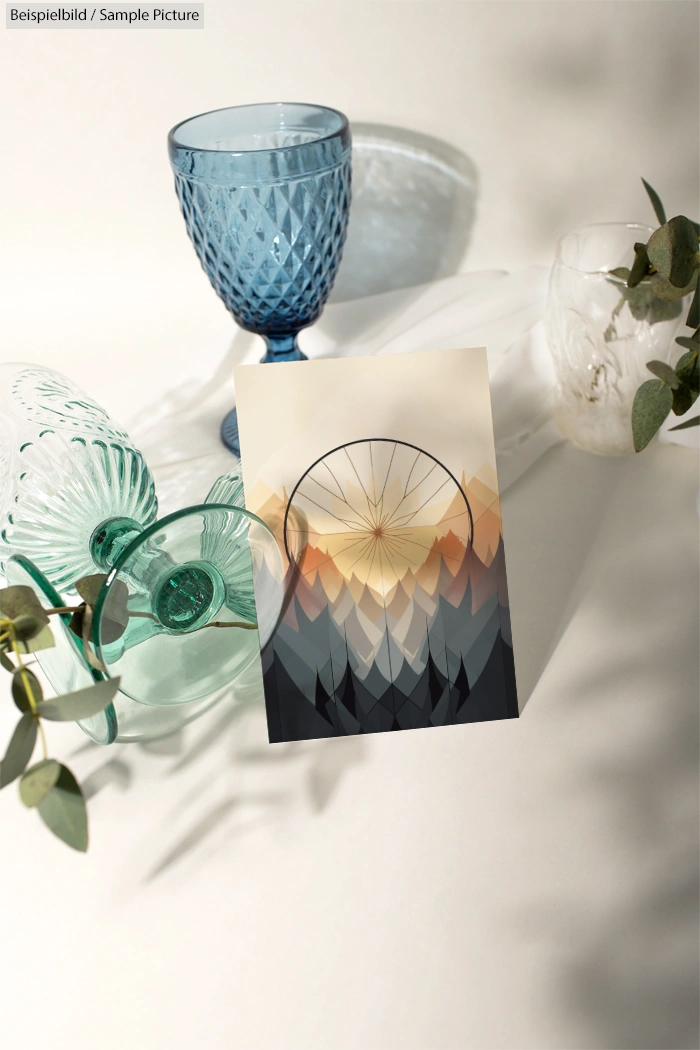 Greeting card with mountain and wheel design, surrounded by blue and clear glassware, on a white surface.