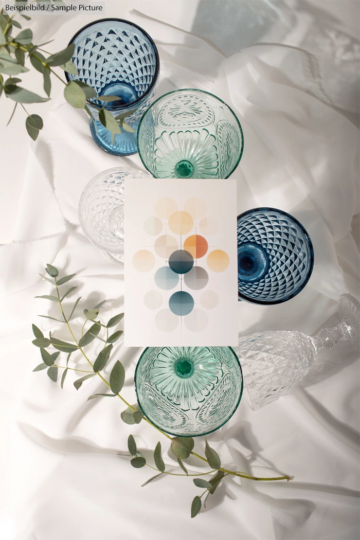 Four patterned glass cups around a geometric design with circles, placed on white fabric and accented with green leaves.