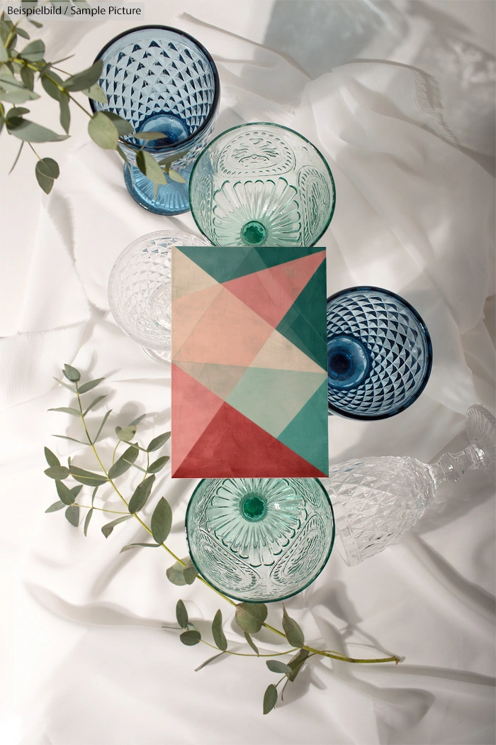 Geometric abstract painting on table with blue crystal glasses and green leaves, set on a white textured fabric.