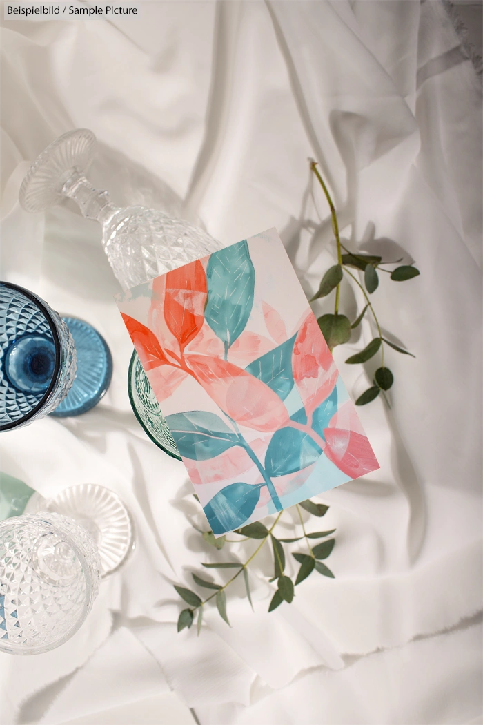 Colorful leaves artwork on a white cloth background with glassware and green sprigs around.