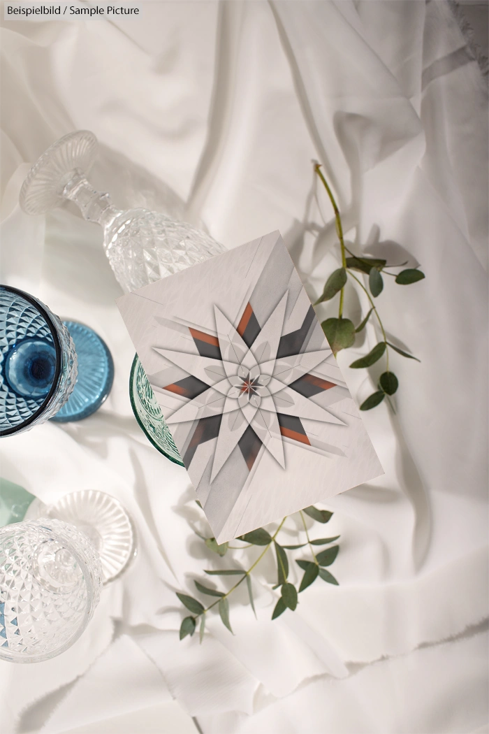 Decorative geometric card on white fabric with crystal goblets and plant stem.