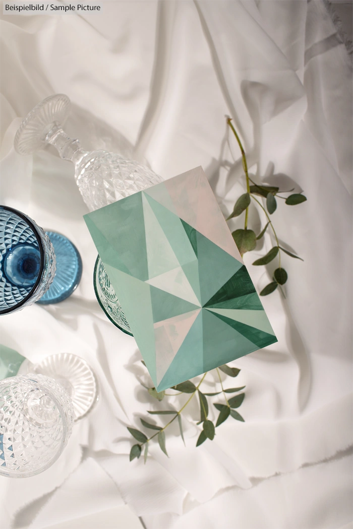 Geometric green card on white fabric with crystal glasses and greenery accents.