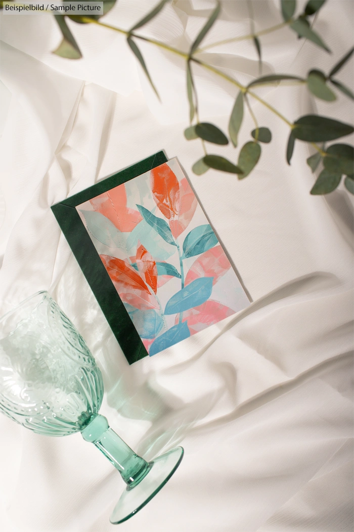 Colorful notebook with floral design on white fabric with green glass and eucalyptus leaves.