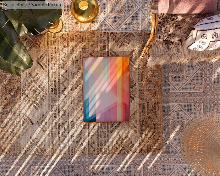 Colorful geometric painting on patterned rug with sunlight and plant shadows from above.