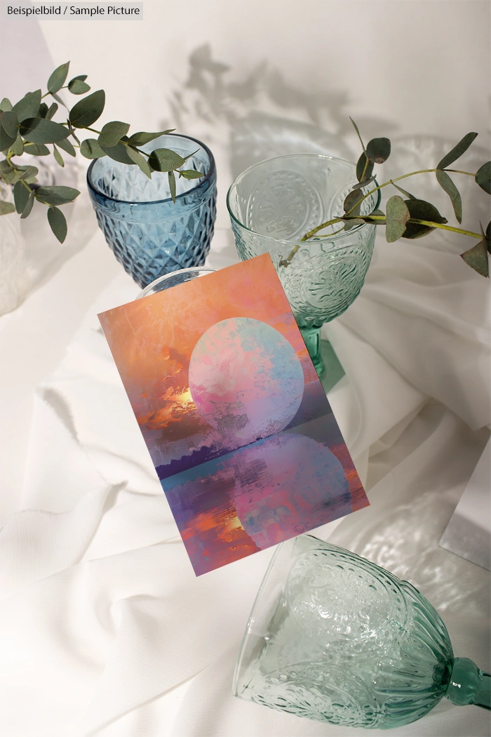 Artistic card with sunset over water, surrounded by blue and green textured glass vases with eucalyptus leaves.