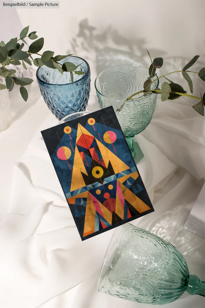 Colorful geometric abstract painting with triangles and circles, surrounded by blue and green textured glass vases.