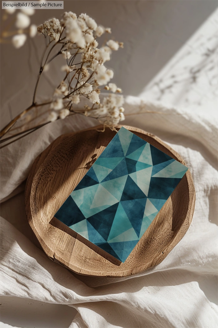 Geometric blue art card on round wooden plate with dried flowers in soft natural light.