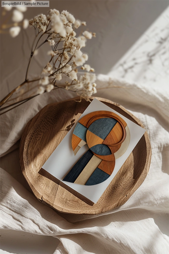 Geometric abstract art on a wooden tray with dried flowers and white fabric background.