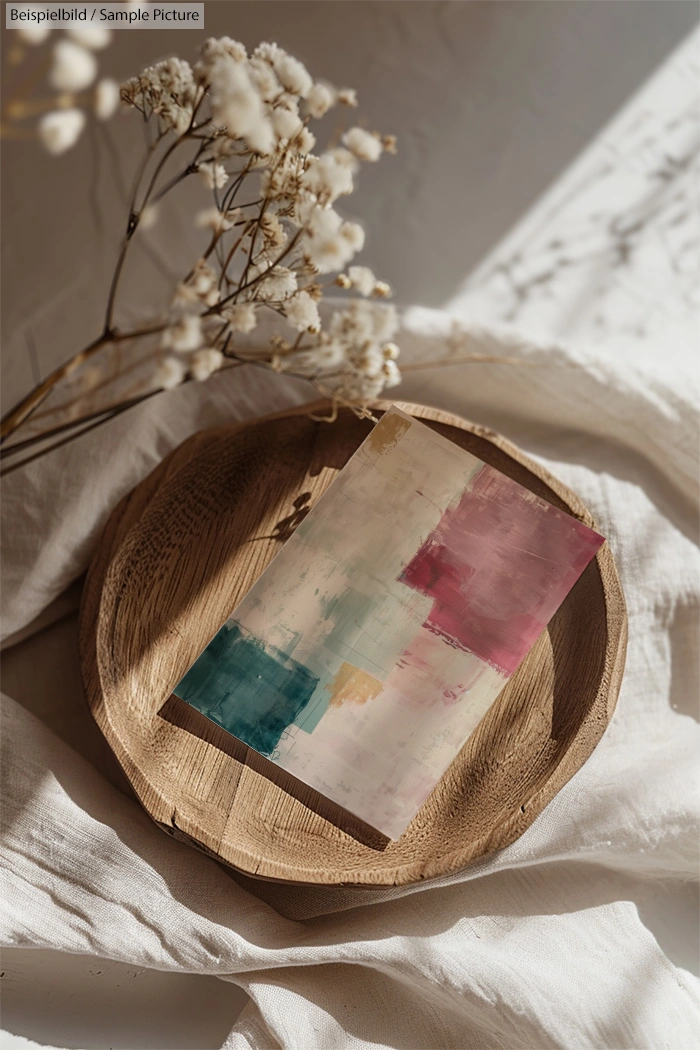 Abstract painting with red, teal, and beige blocks on a wooden plate, surrounded by dried flowers and white fabric.