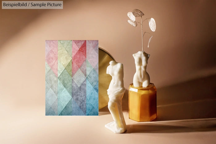 Abstract geometric pastel art with sculpture of a torso and plant on beige background.