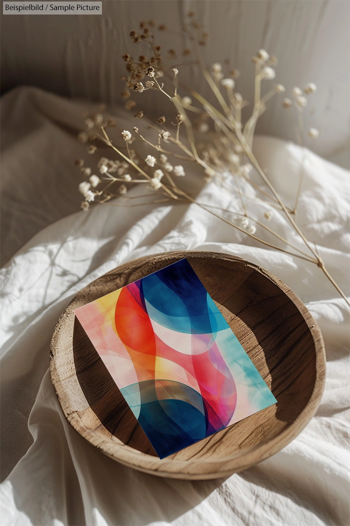 Wooden bowl with abstract colorful card, dried flowers in background.