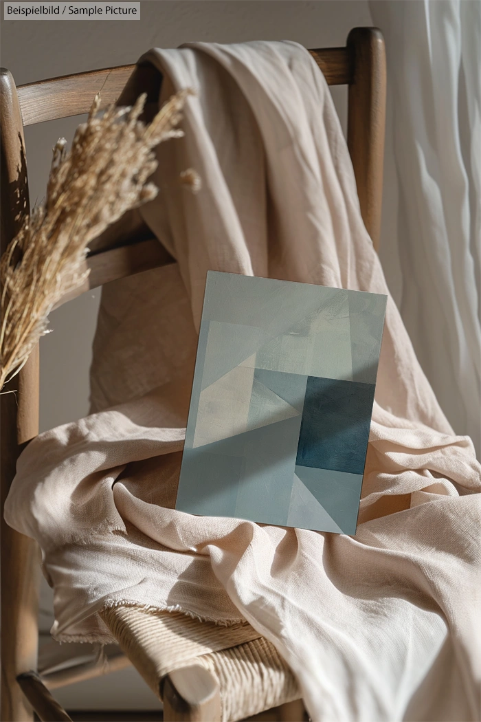 Geometric abstract art piece on a chair draped with beige fabric, next to dried grasses in soft lighting.