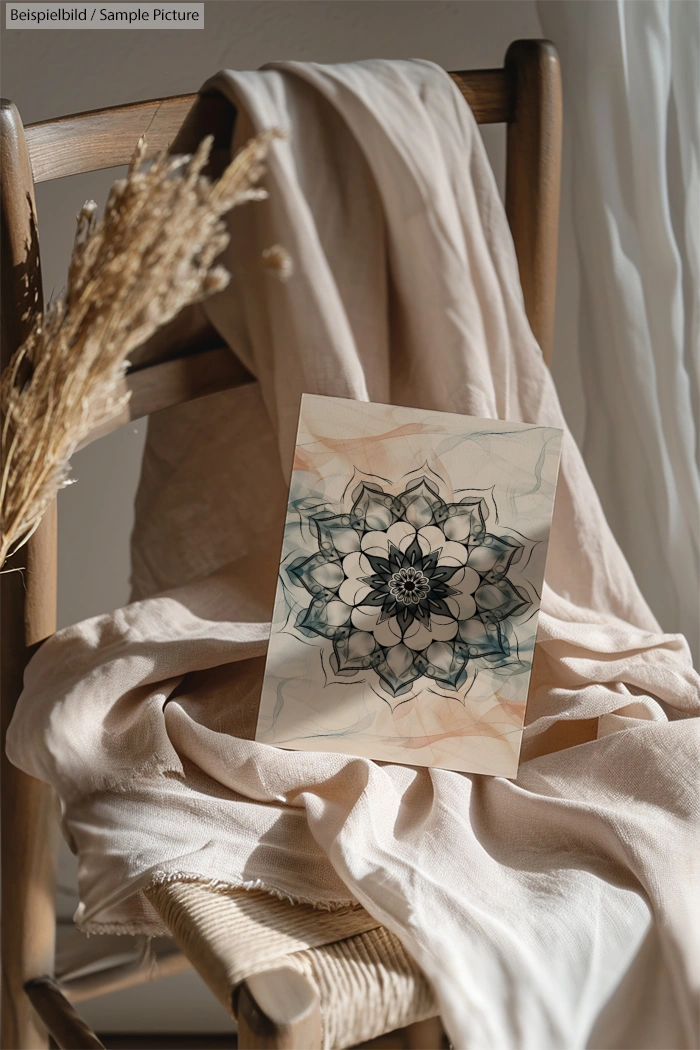 Art print with intricate mandala design on chair draped with beige fabric and dried grass accent.