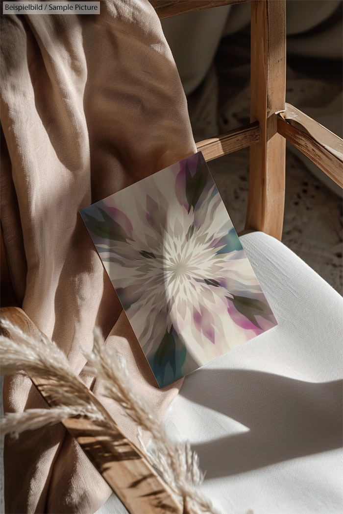 Art print with floral abstract design on chair, draped with beige fabric, in natural light.