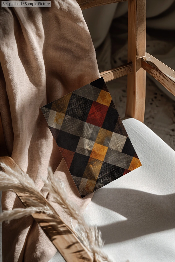 Book with geometric cover on a wooden chair with beige fabric and wheat stems, in natural sunlight.