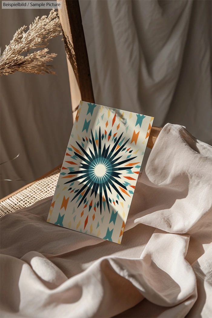 Geometric starburst design on paper, placed on beige fabric and wicker surface, with dried plants in the background.