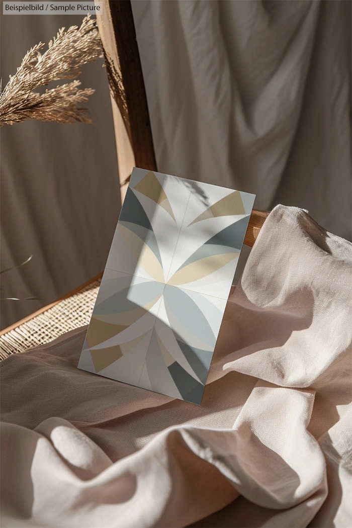 Geometric abstract print in pastel tones on a beige cloth, with sunlight creating a warm ambiance.