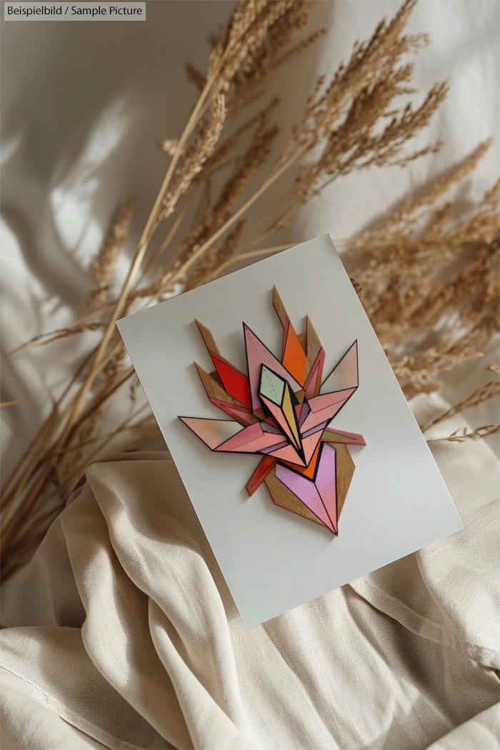 Geometric floral card design on fabric with pampas grass backdrop, featuring sharp triangular shapes in pink and orange hues.