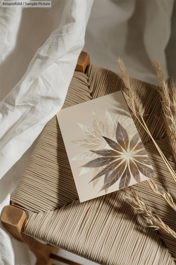 Textured card featuring abstract leaf design on woven chair with dried grasses and draped white cloth backdrop.