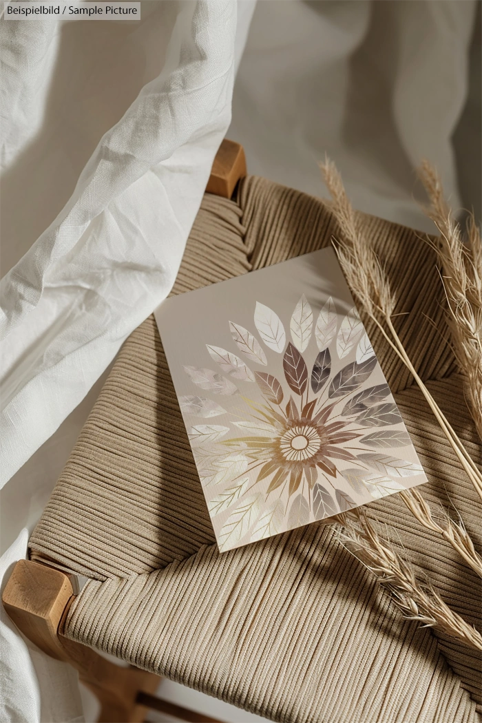 Botanical-themed card with leaf design on woven chair, draped in fabric and stalks of dried wheat nearby.