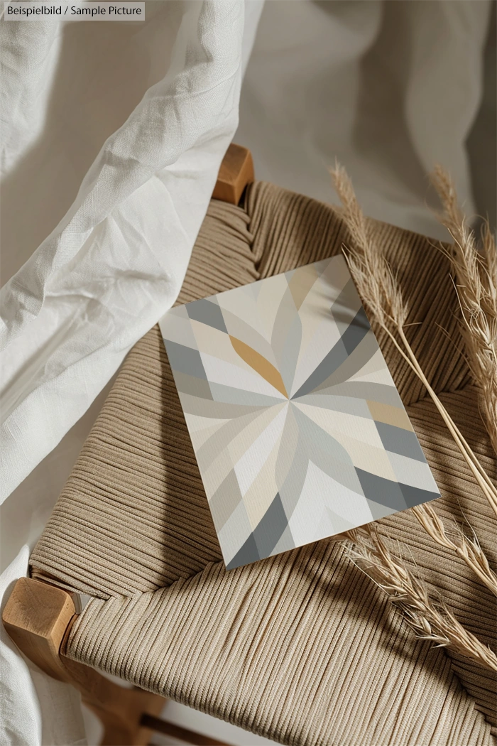 Geometric patterned card on a woven chair with dry grass and white fabric draping in the background.