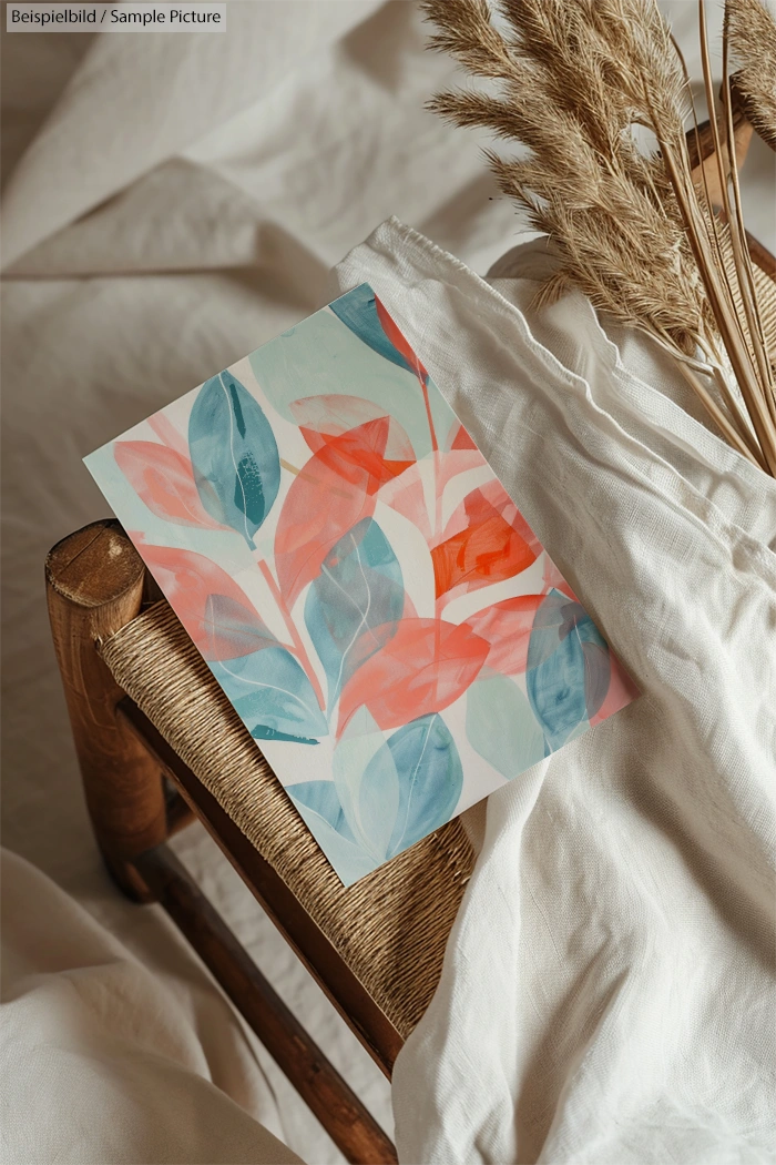 Colorful leaf illustration on a chair with a linen cloth and dried pampas grass.