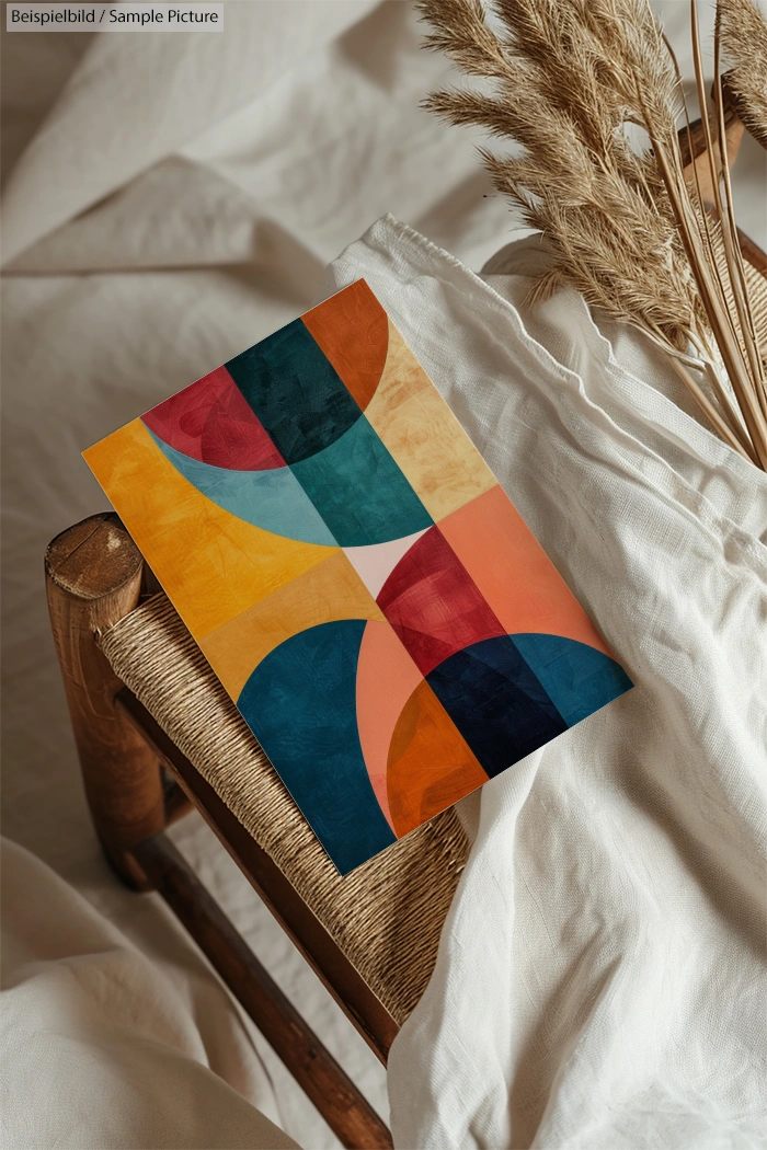 Colorful geometric abstract painting on fabric-covered wooden chair, with dried grasses on the side.