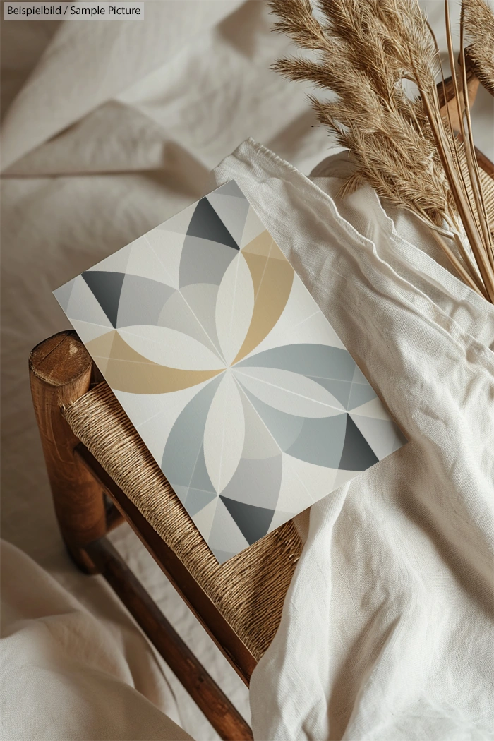 Geometric abstract art print on a wooden chair with white fabric and dried pampas grass.