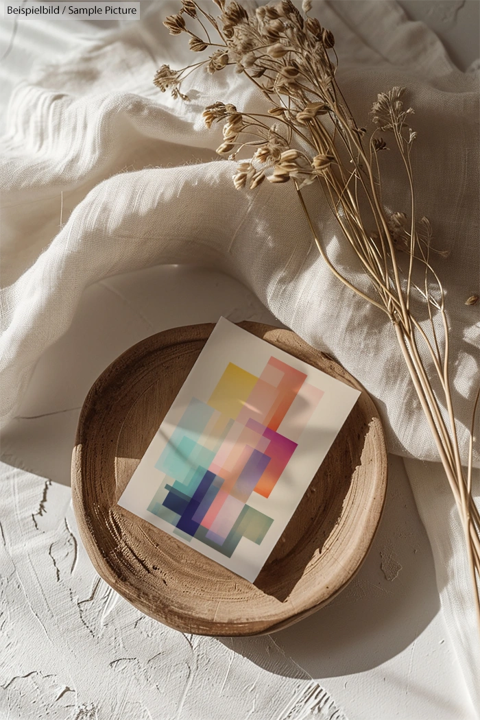 Abstract geometric painting with vibrant colors on a brown ceramic dish, surrounded by dried flowers on white fabric.