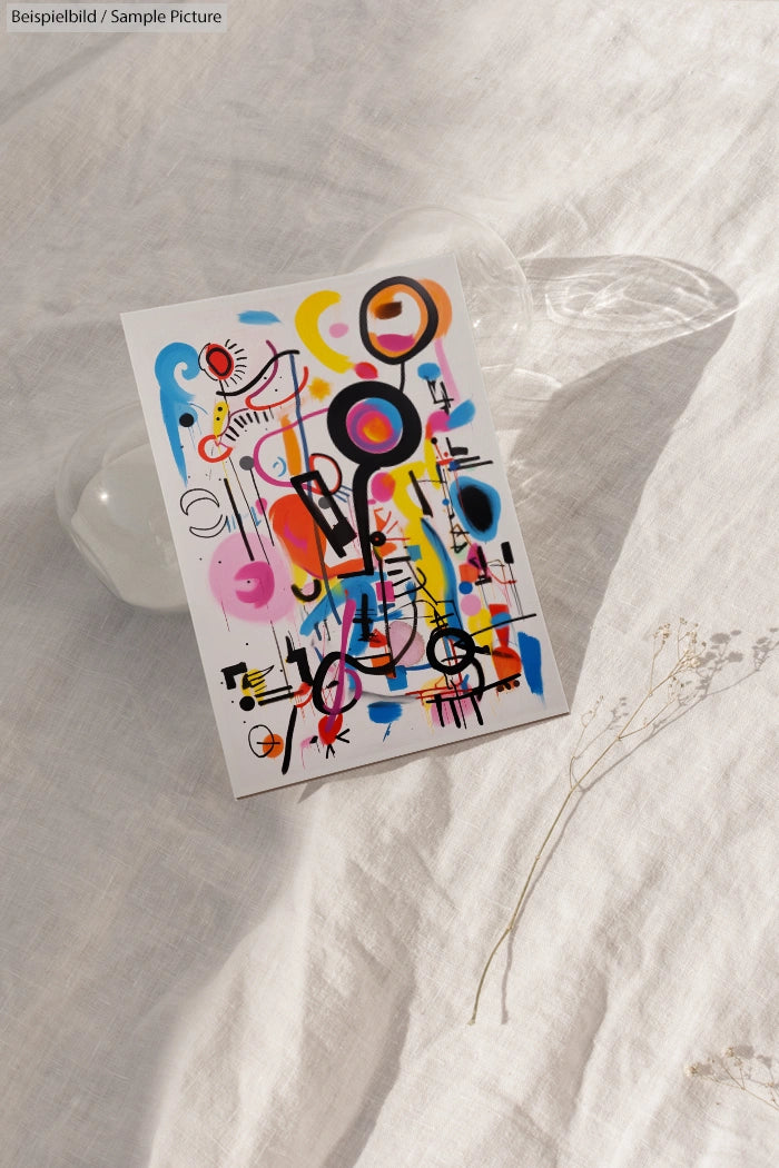 Abstract painting on white canvas with colorful shapes and lines, on a light fabric background with delicate twigs.